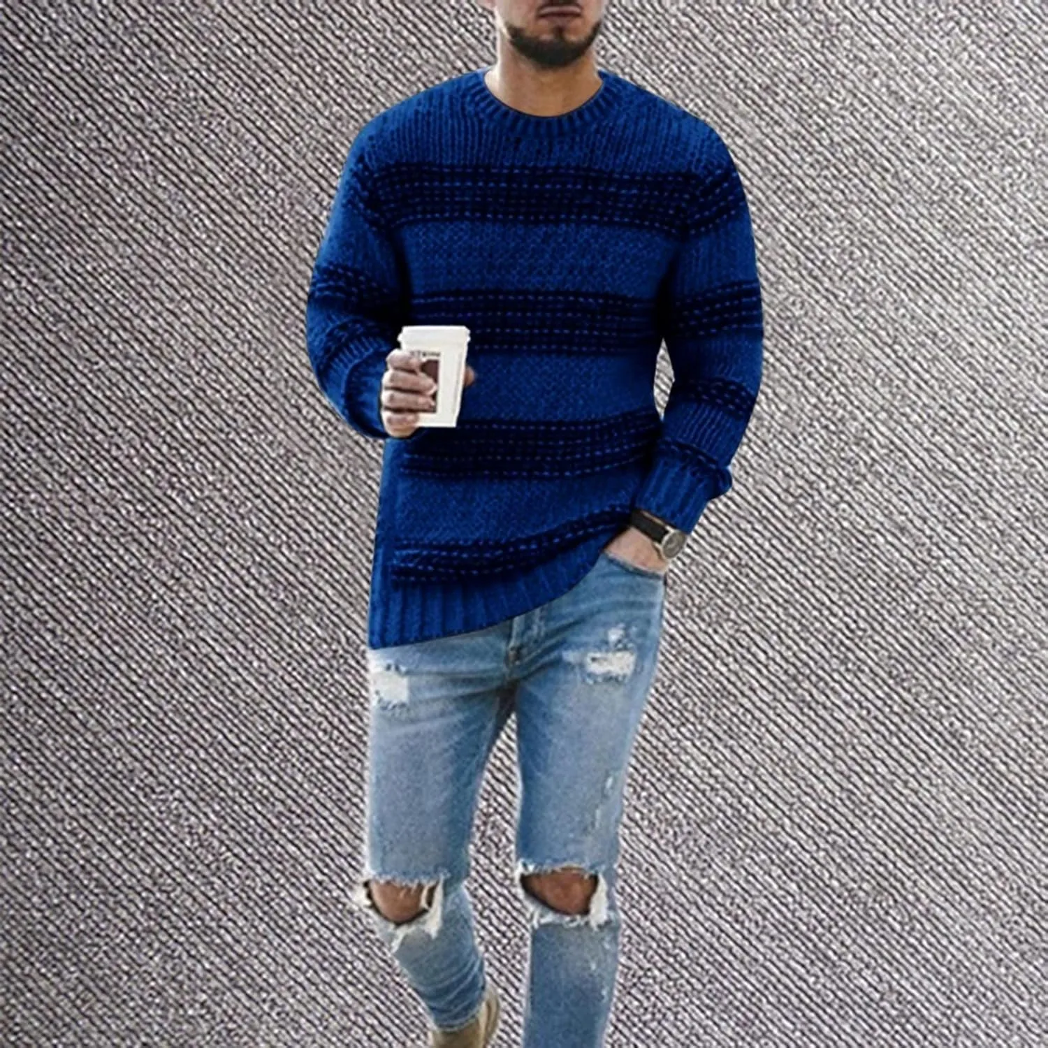 Mens Crewneck Pullover Sweater Waffle Textured Striped Print Long Sleeve Knitted Sweaters Fall Winter Sweaters