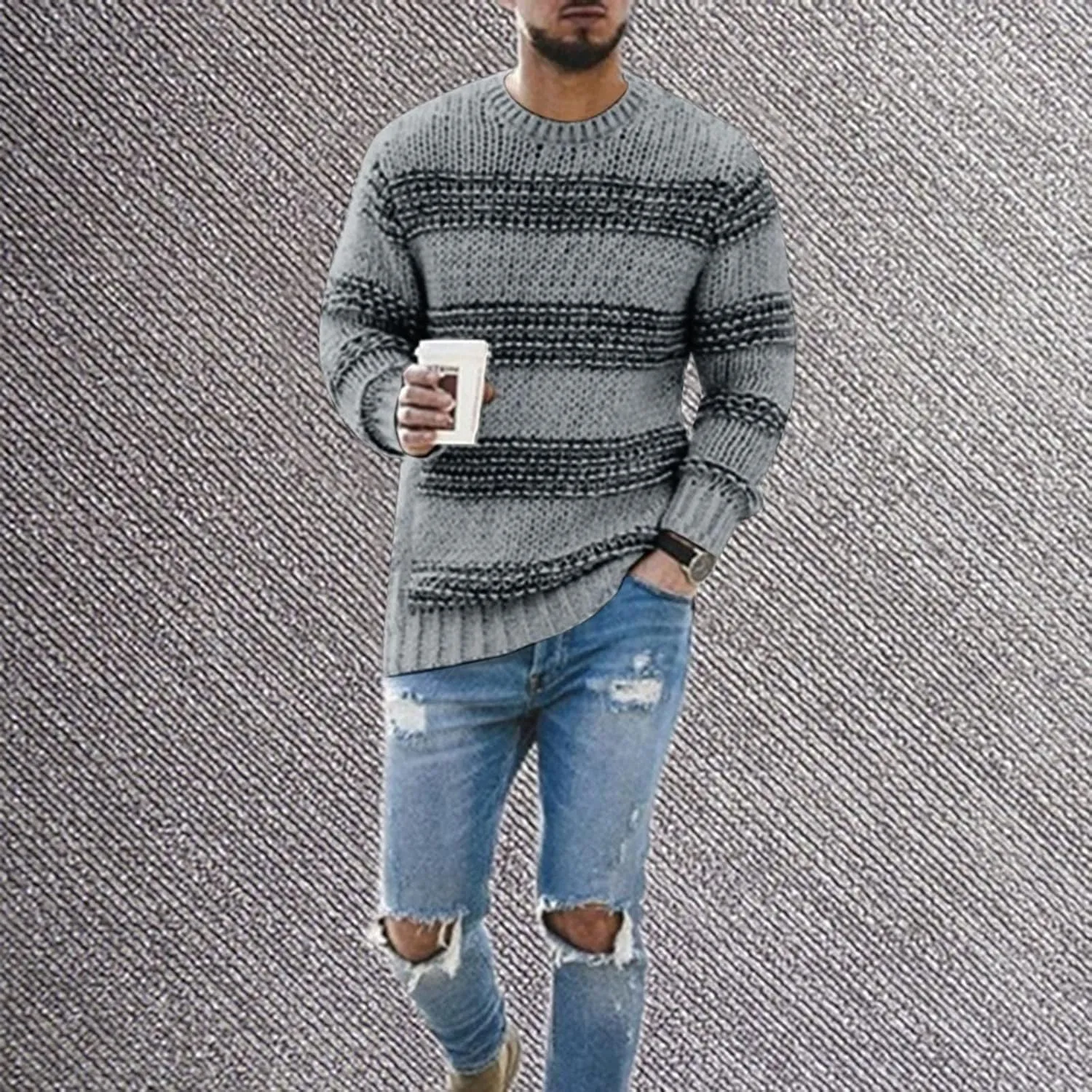 Mens Crewneck Pullover Sweater Waffle Textured Striped Print Long Sleeve Knitted Sweaters Fall Winter Sweaters