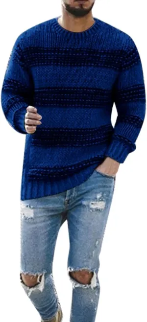 Mens Crewneck Pullover Sweater Waffle Textured Striped Print Long Sleeve Knitted Sweaters Fall Winter Sweaters