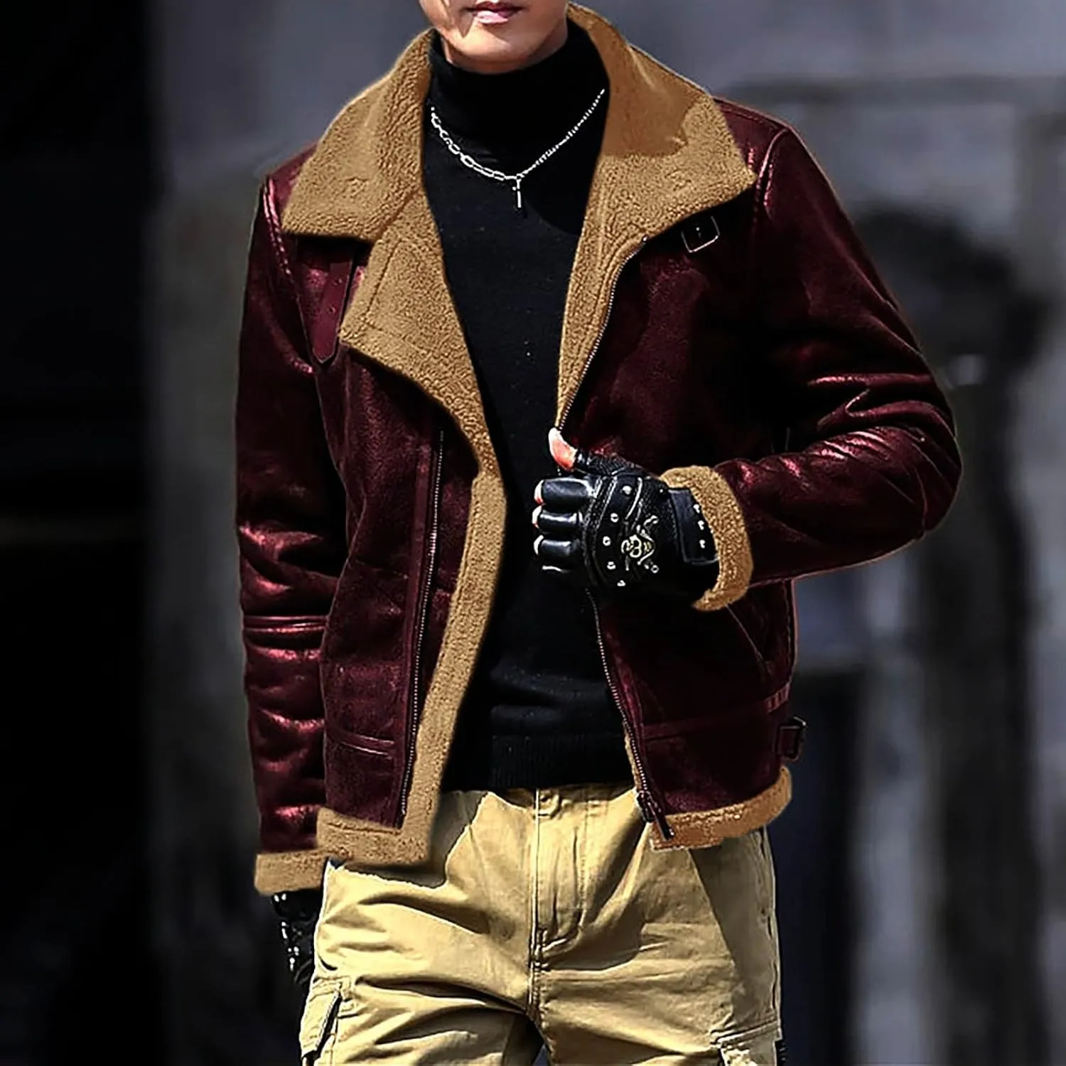 Men's Cropped Winter Sherpa Jacket Casual Suede Leather Windbreaker Trench Coat Thermal Fleece Lined Bomber Jacket