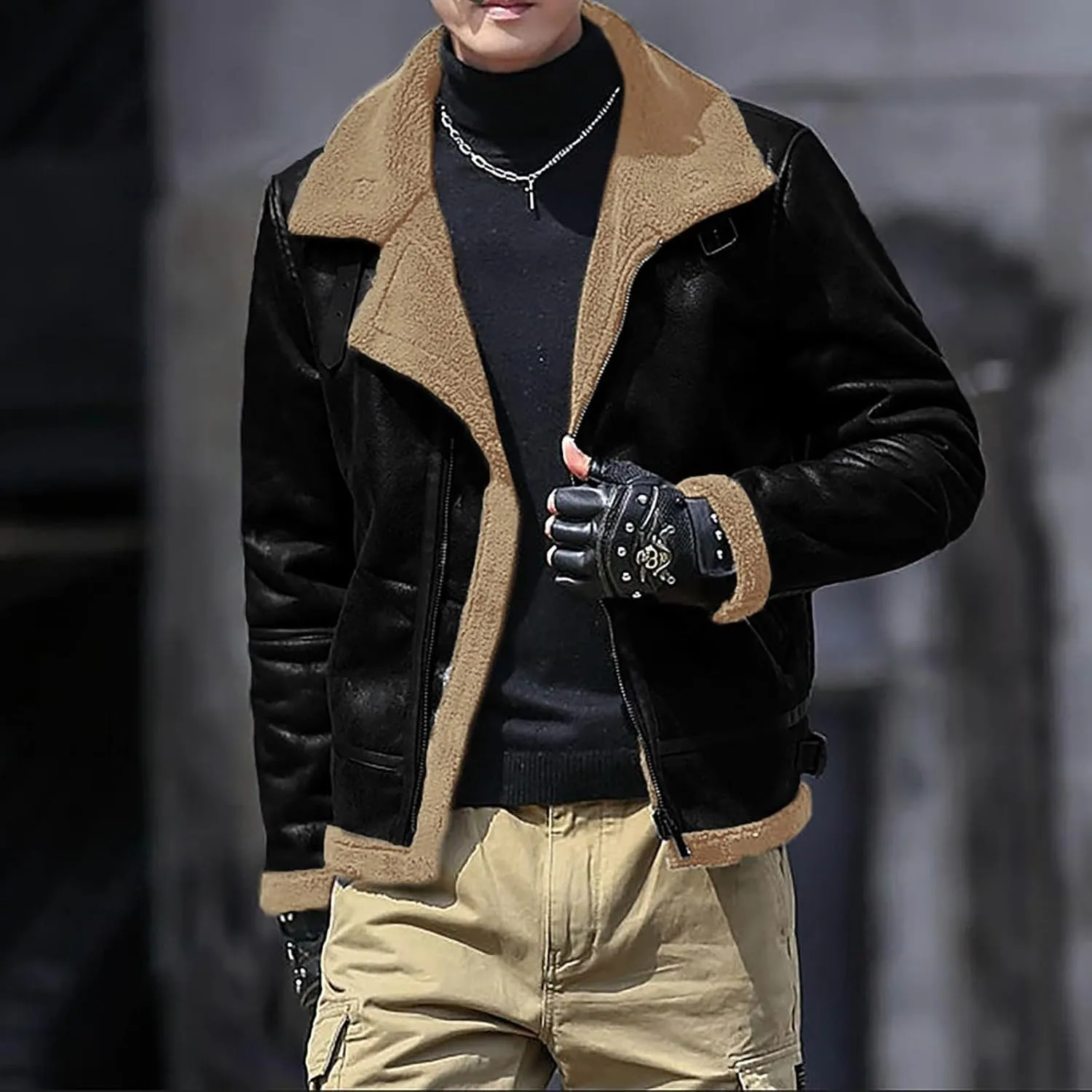Men's Cropped Winter Sherpa Jacket Casual Suede Leather Windbreaker Trench Coat Thermal Fleece Lined Bomber Jacket
