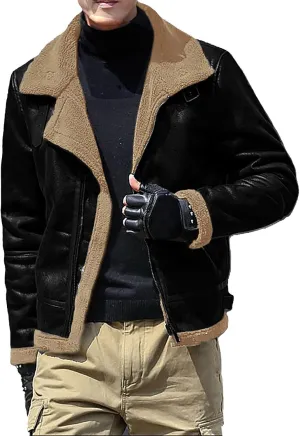 Men's Cropped Winter Sherpa Jacket Casual Suede Leather Windbreaker Trench Coat Thermal Fleece Lined Bomber Jacket