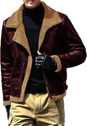 Men's Cropped Winter Sherpa Jacket Casual Suede Leather Windbreaker Trench Coat Thermal Fleece Lined Bomber Jacket