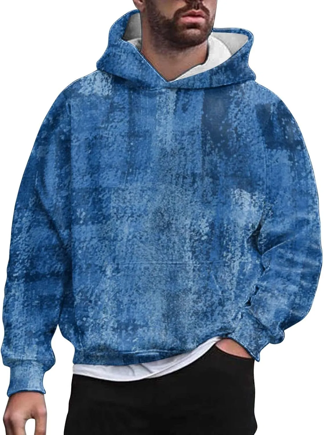 Men's Distressed Print Hoodies Sweatshirt Fashion Hooded Sweatshirts Retro Print Casual Sports Pullover Tops