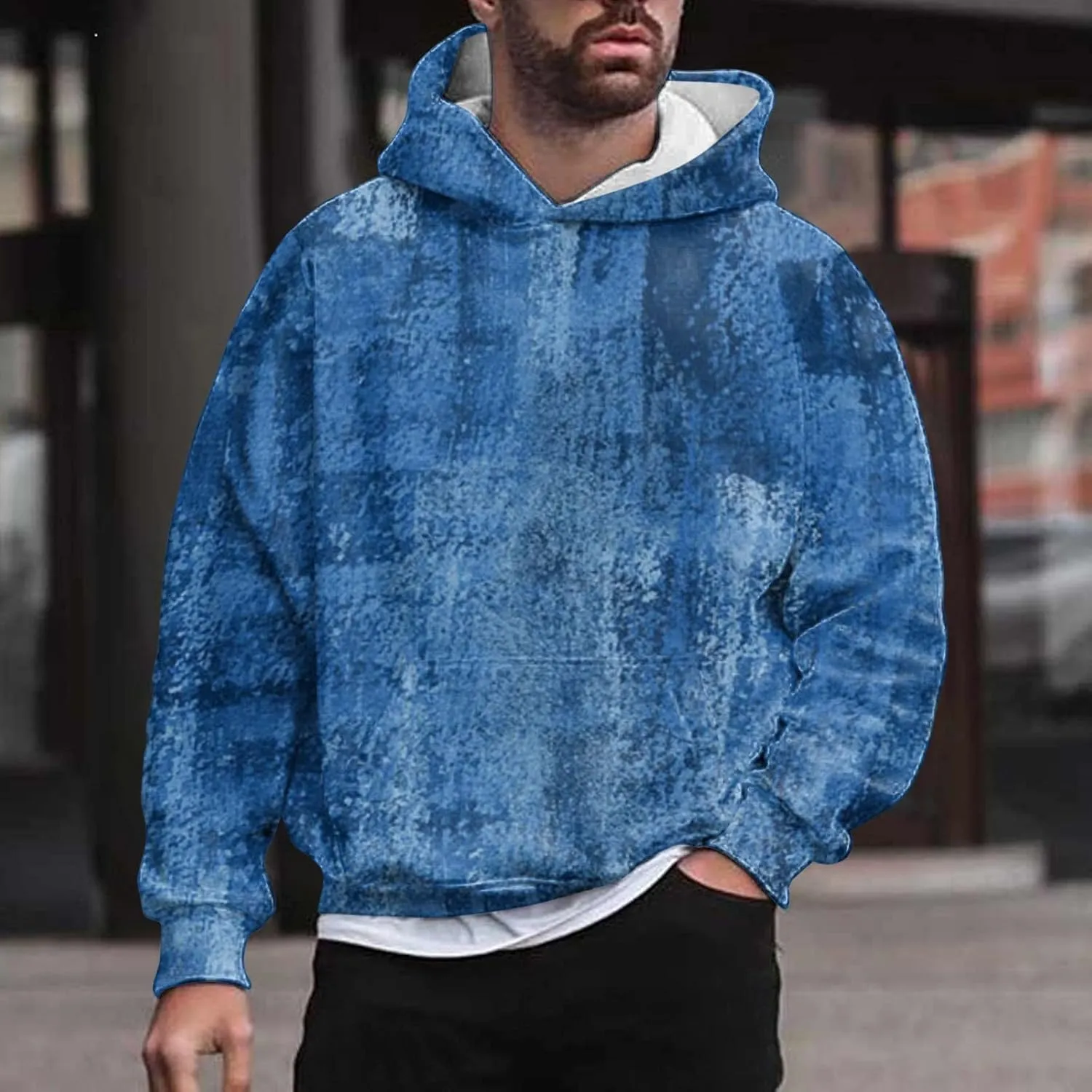 Men's Distressed Print Hoodies Sweatshirt Fashion Hooded Sweatshirts Retro Print Casual Sports Pullover Tops