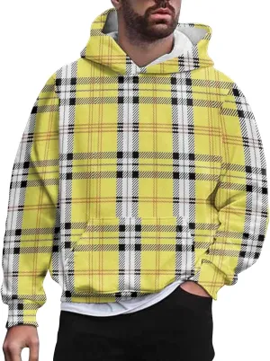 Men's Fashion Checkered Hooded Sweatshirts Retro Print Casual Sports Hoodies Long Sleeve Pullover Tops with Pocket