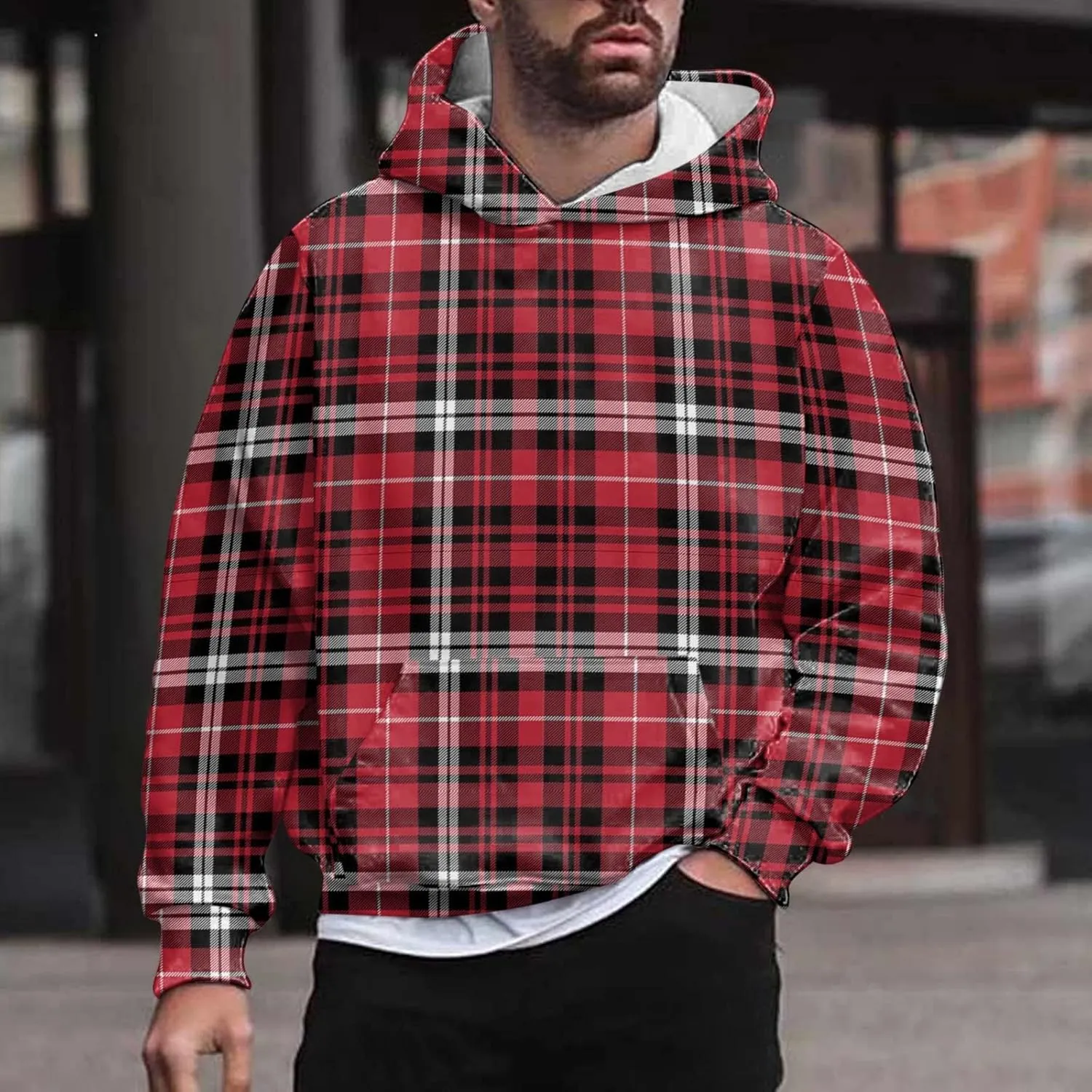 Men's Fashion Checkered Hooded Sweatshirts Retro Print Casual Sports Hoodies Long Sleeve Pullover Tops with Pocket