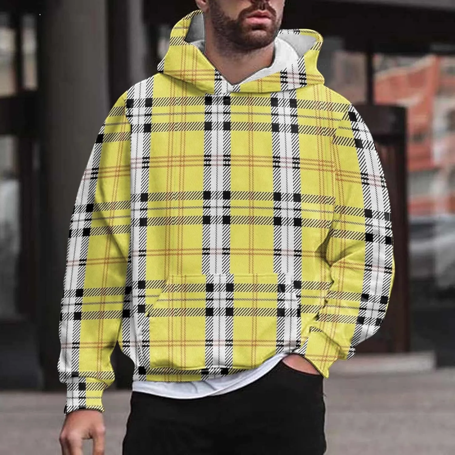 Men's Fashion Checkered Hooded Sweatshirts Retro Print Casual Sports Hoodies Long Sleeve Pullover Tops with Pocket