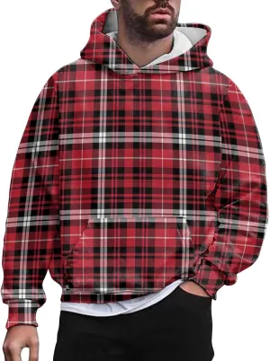 Men's Fashion Checkered Hooded Sweatshirts Retro Print Casual Sports Hoodies Long Sleeve Pullover Tops with Pocket