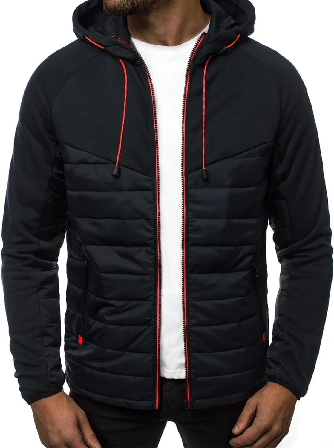 Men's Fashion Full Zip Up Sweatshirt Color Matching Splicing Jackets Coats Colour Block Patchwork Hooded Tops