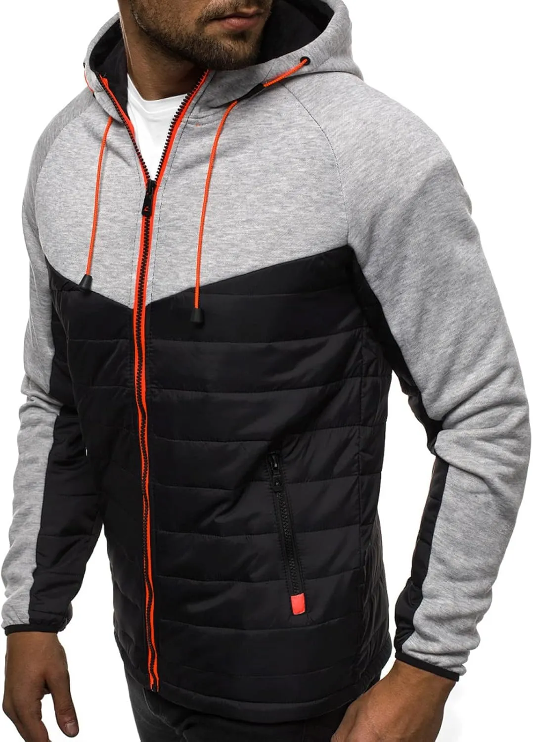 Men's Fashion Full Zip Up Sweatshirt Color Matching Splicing Jackets Coats Colour Block Patchwork Hooded Tops