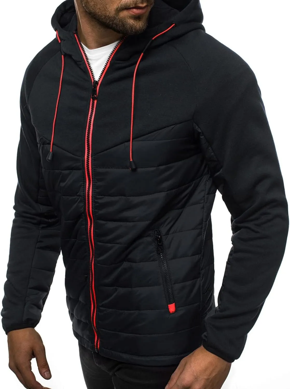 Men's Fashion Full Zip Up Sweatshirt Color Matching Splicing Jackets Coats Colour Block Patchwork Hooded Tops