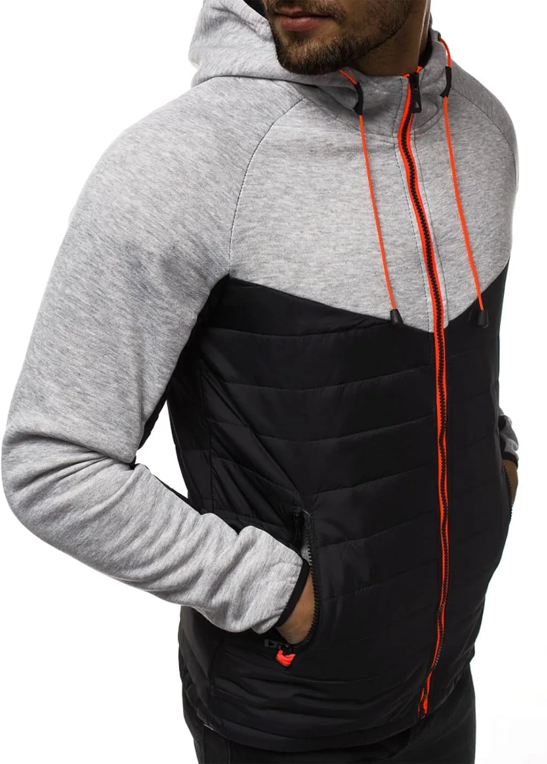Men's Fashion Full Zip Up Sweatshirt Color Matching Splicing Jackets Coats Colour Block Patchwork Hooded Tops