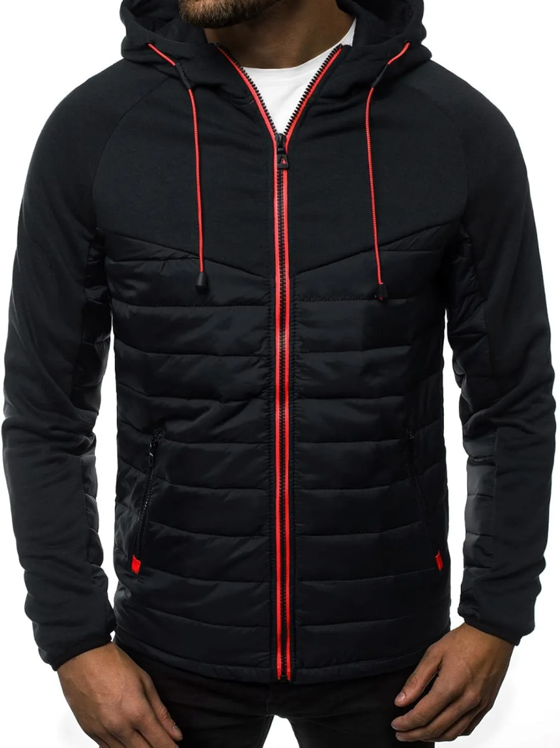 Men's Fashion Full Zip Up Sweatshirt Color Matching Splicing Jackets Coats Colour Block Patchwork Hooded Tops