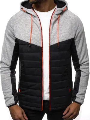 Men's Fashion Full Zip Up Sweatshirt Color Matching Splicing Jackets Coats Colour Block Patchwork Hooded Tops