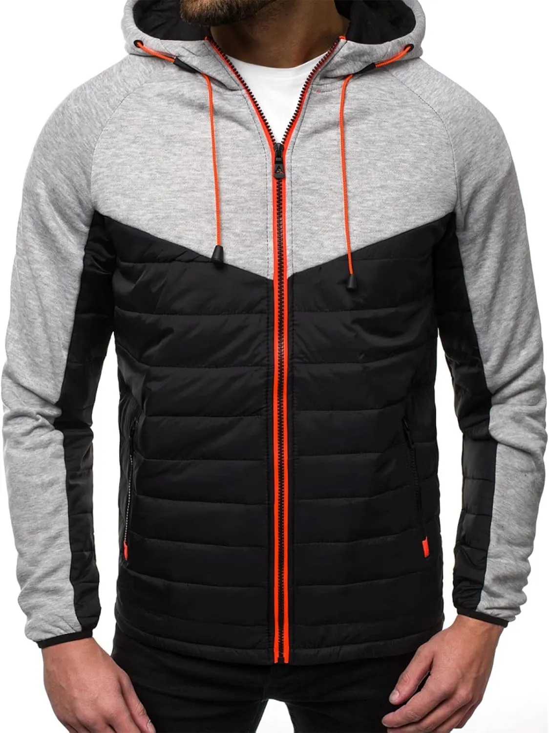 Men's Fashion Full Zip Up Sweatshirt Color Matching Splicing Jackets Coats Colour Block Patchwork Hooded Tops