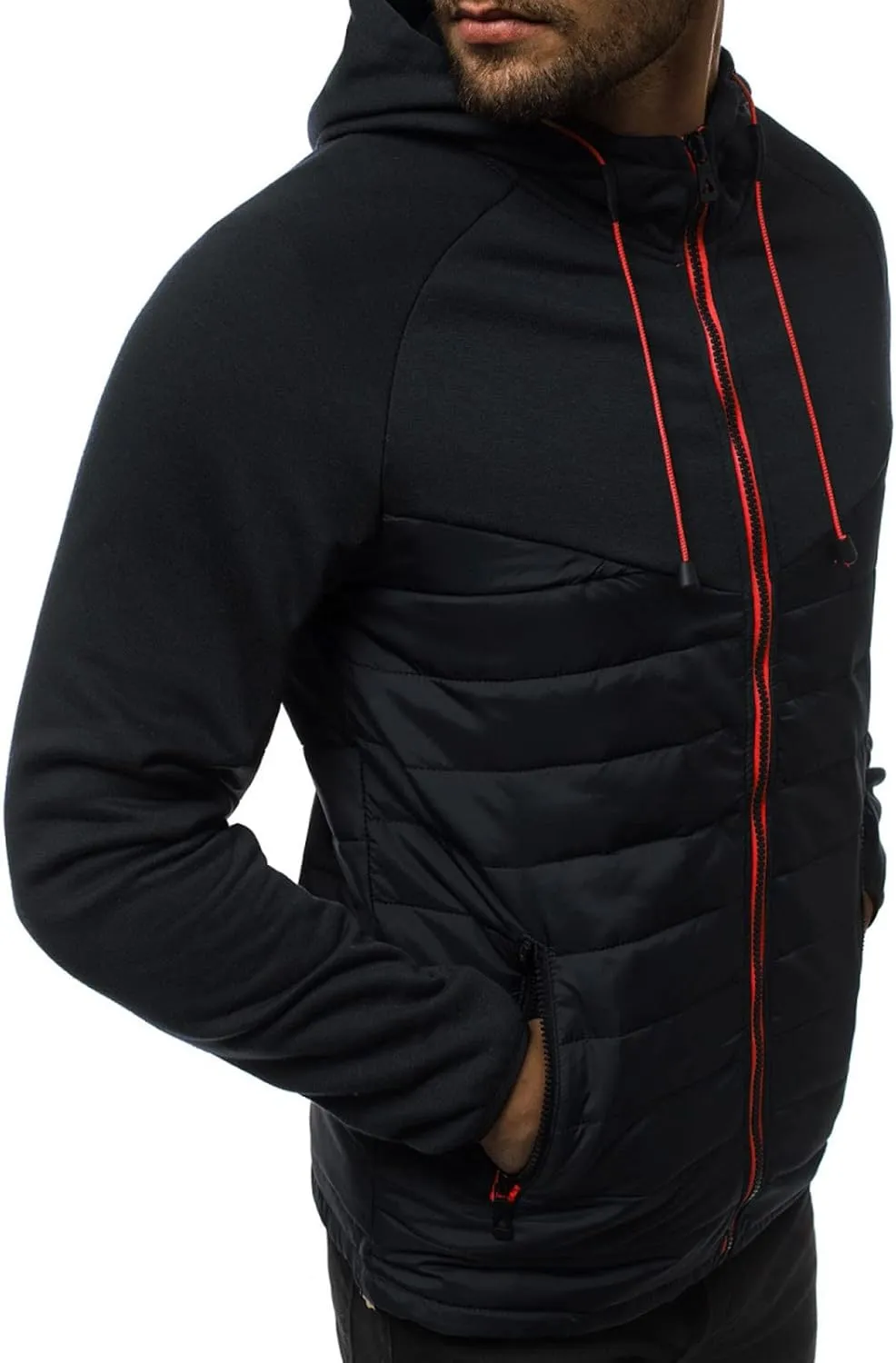 Men's Fashion Full Zip Up Sweatshirt Color Matching Splicing Jackets Coats Colour Block Patchwork Hooded Tops
