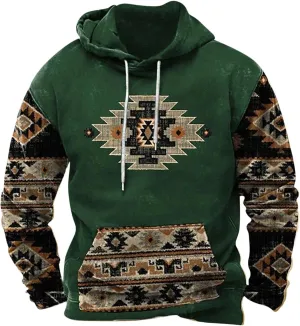 Mens Fashion Hoodies Tops Aztec Ethnic Print Graphic Patchwork Sweatshirts Loose Long Sleeve Pocket Hooded Pullovers