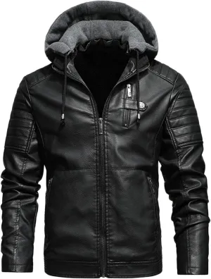 Mens Faux Leather Hooded Racer Jacket Leather Moto Jacket Fall Winter Leather Jackets Vintage Casual Motorcycle Coat