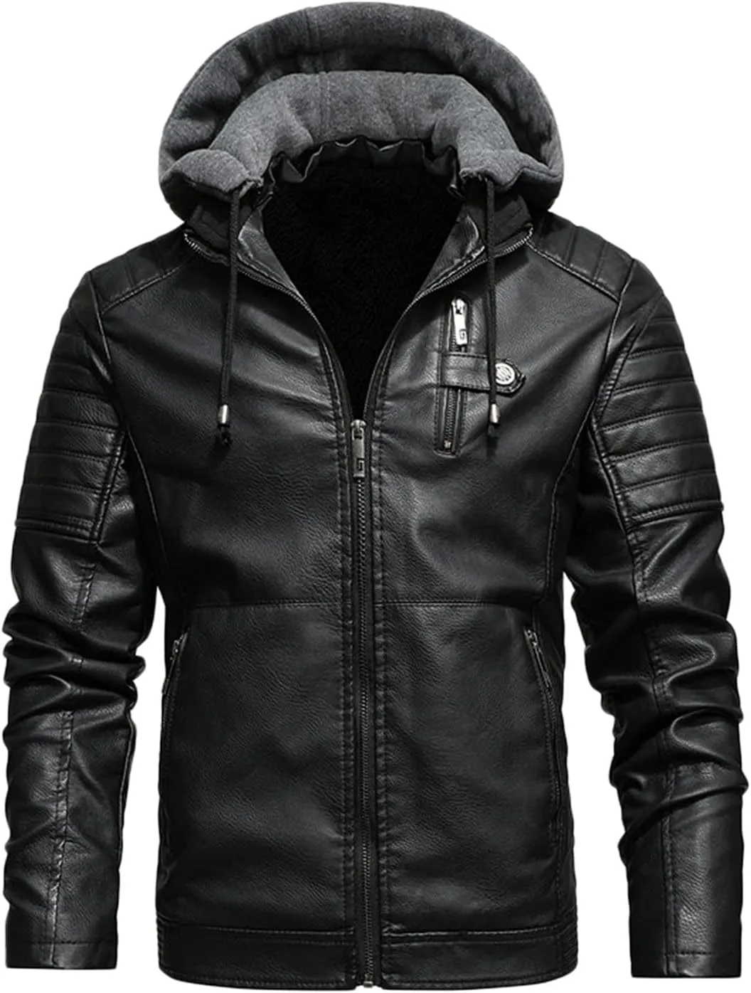 Mens Faux Leather Hooded Racer Jacket Leather Moto Jacket Fall Winter Leather Jackets Vintage Casual Motorcycle Coat