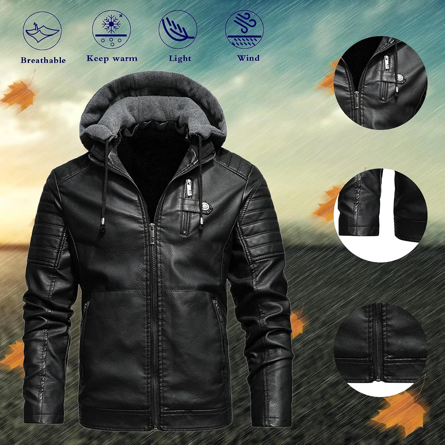 Mens Faux Leather Hooded Racer Jacket Leather Moto Jacket Fall Winter Leather Jackets Vintage Casual Motorcycle Coat