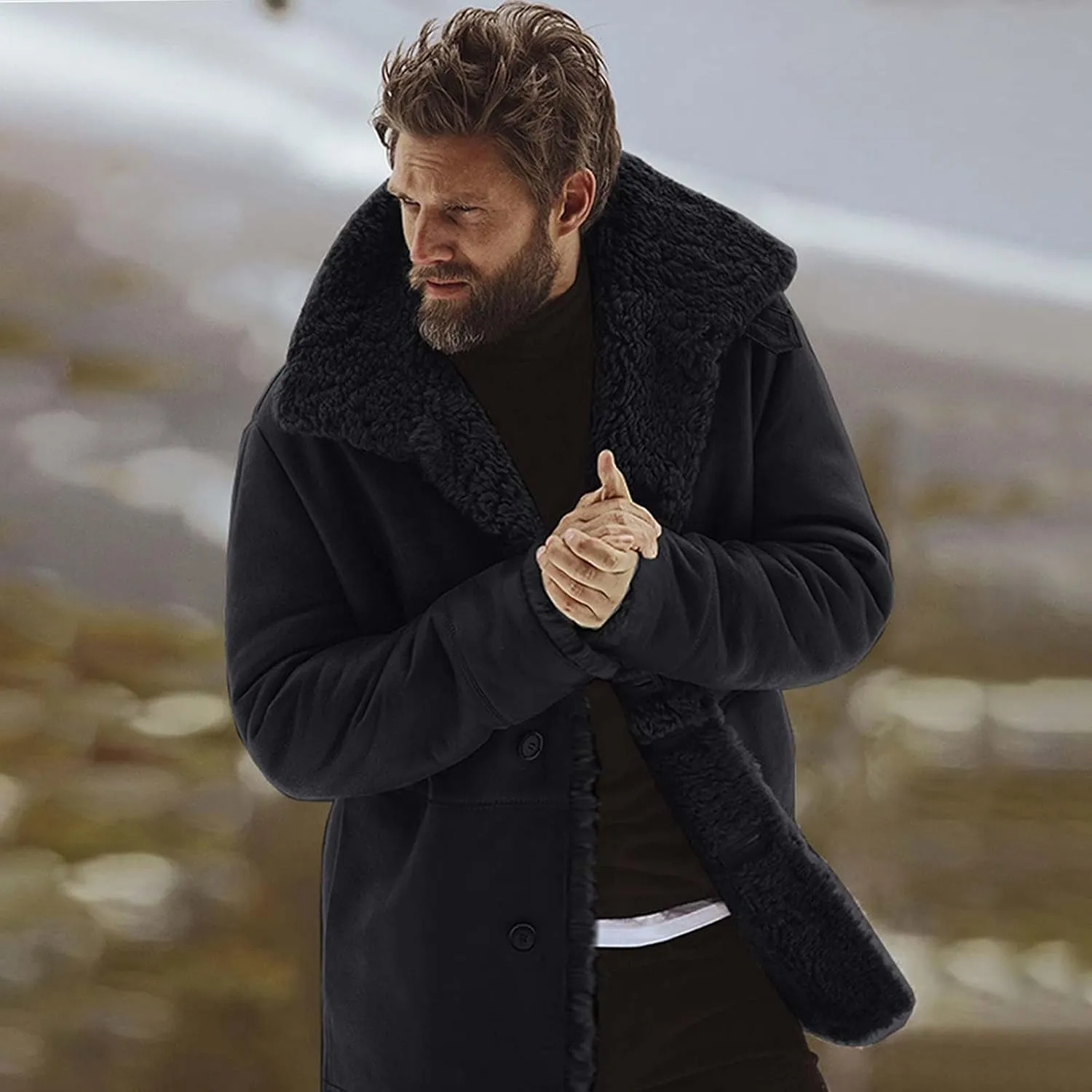 Men's Faux Leather Jacket Cozy Sherpa Fleece Lined Bomber Jackets Winter Coats Heavyweight Suede Faux Fur Trench Coat