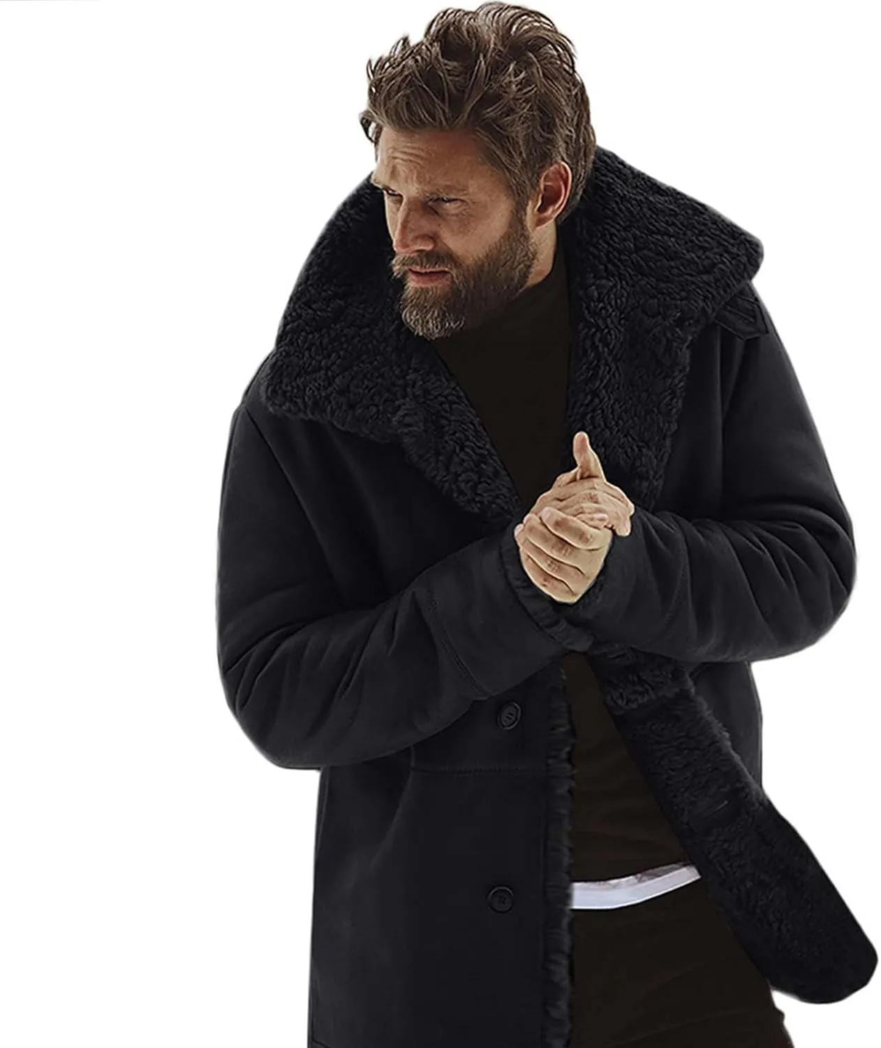 Men's Faux Leather Jacket Cozy Sherpa Fleece Lined Bomber Jackets Winter Coats Heavyweight Suede Faux Fur Trench Coat