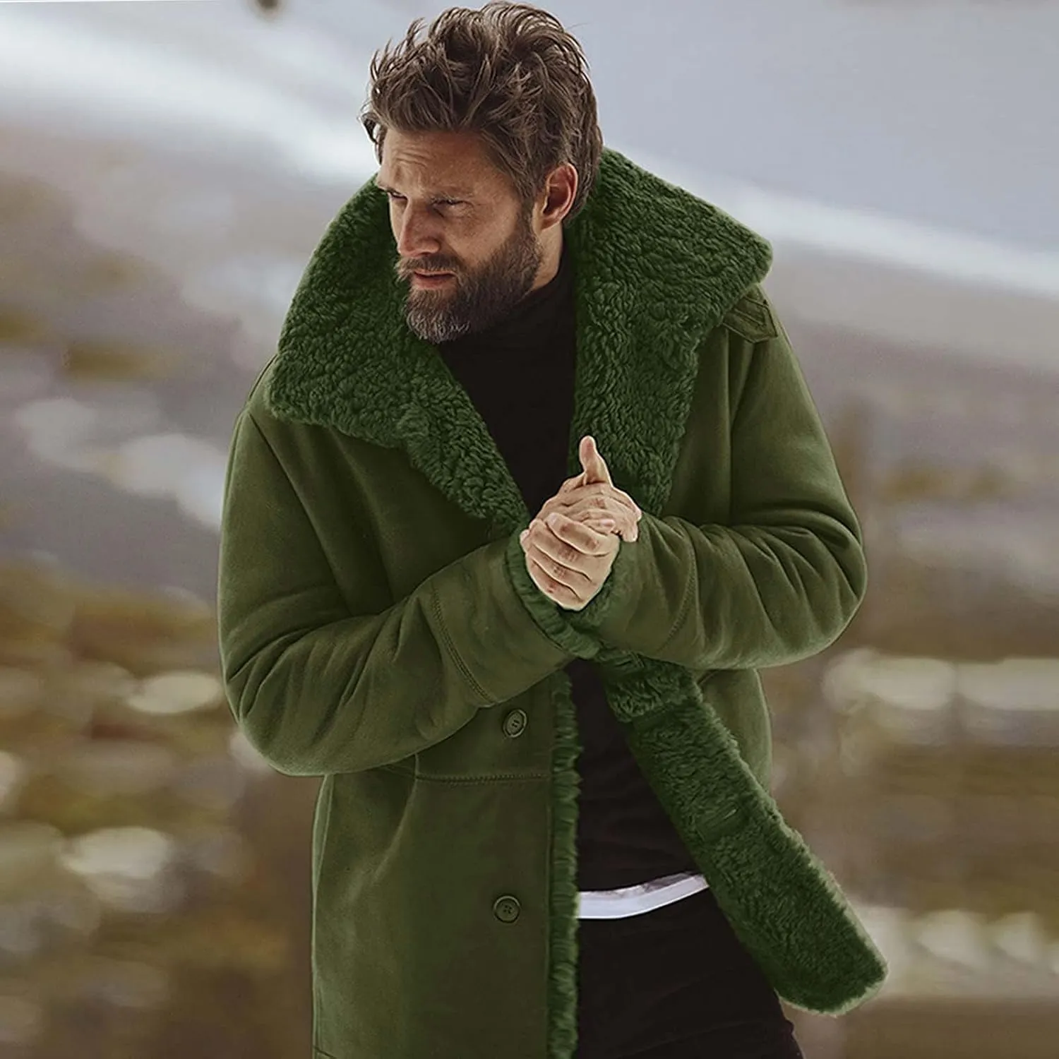 Men's Faux Leather Jacket Cozy Sherpa Fleece Lined Bomber Jackets Winter Coats Heavyweight Suede Faux Fur Trench Coat