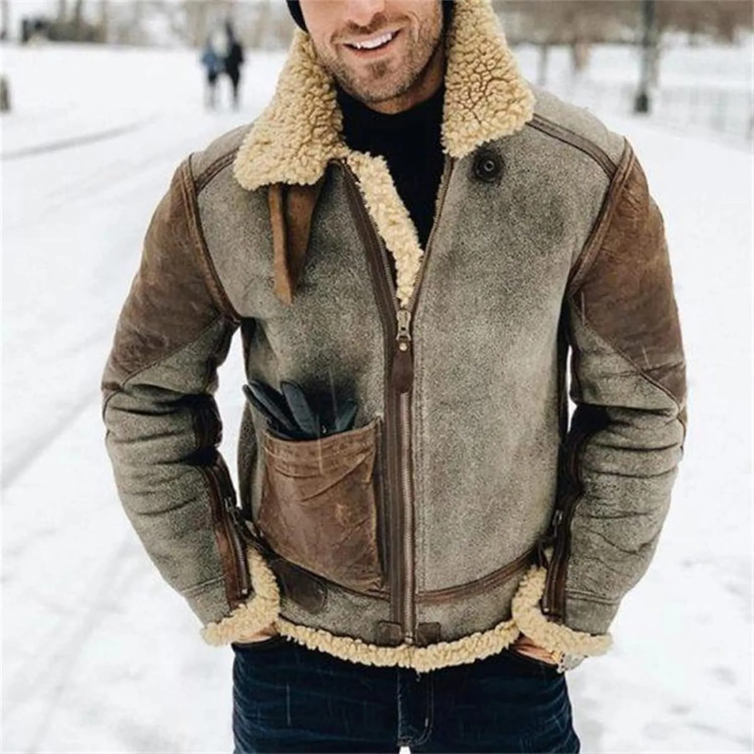 Mens Faux Leather Jacket Faux Fur Overcoat Long Sleeve Lapel Zip Up Jacket Cozy Retro Fuzzy Sherpa Fleece Lined Coats