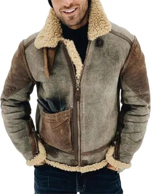 Mens Faux Leather Jacket Faux Fur Overcoat Long Sleeve Lapel Zip Up Jacket Cozy Retro Fuzzy Sherpa Fleece Lined Coats
