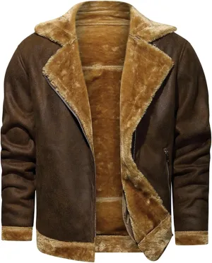 Men's Faux Leather Sherpa Bomber Jacket Lapel Fleece Lined Faux Leather Motorcycle Jackets Casual Warm Winter Coat