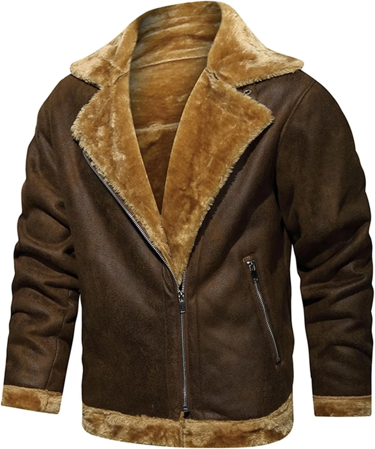 Men's Faux Leather Sherpa Bomber Jacket Lapel Fleece Lined Faux Leather Motorcycle Jackets Casual Warm Winter Coat