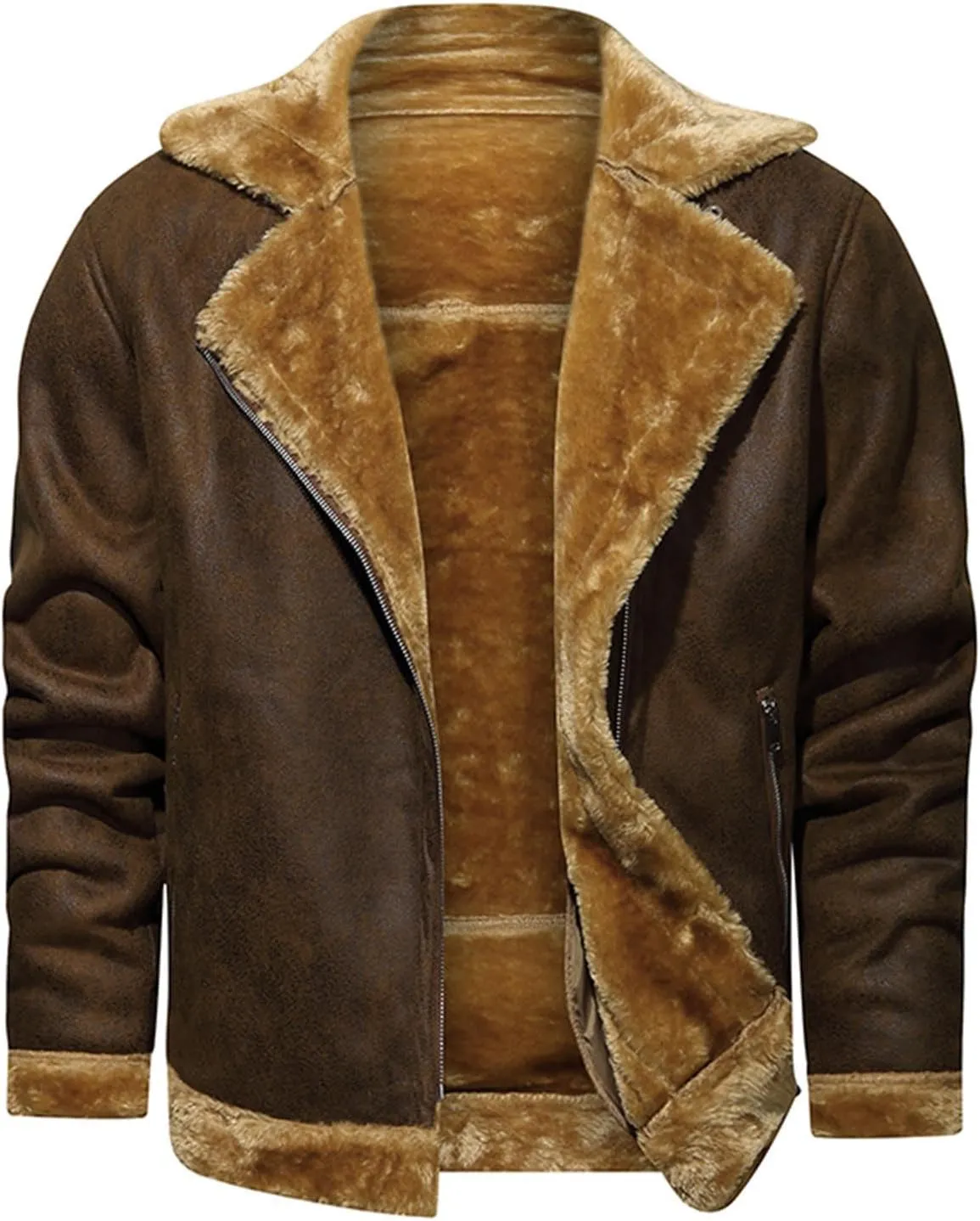 Men's Faux Leather Sherpa Bomber Jacket Lapel Fleece Lined Faux Leather Motorcycle Jackets Casual Warm Winter Coat