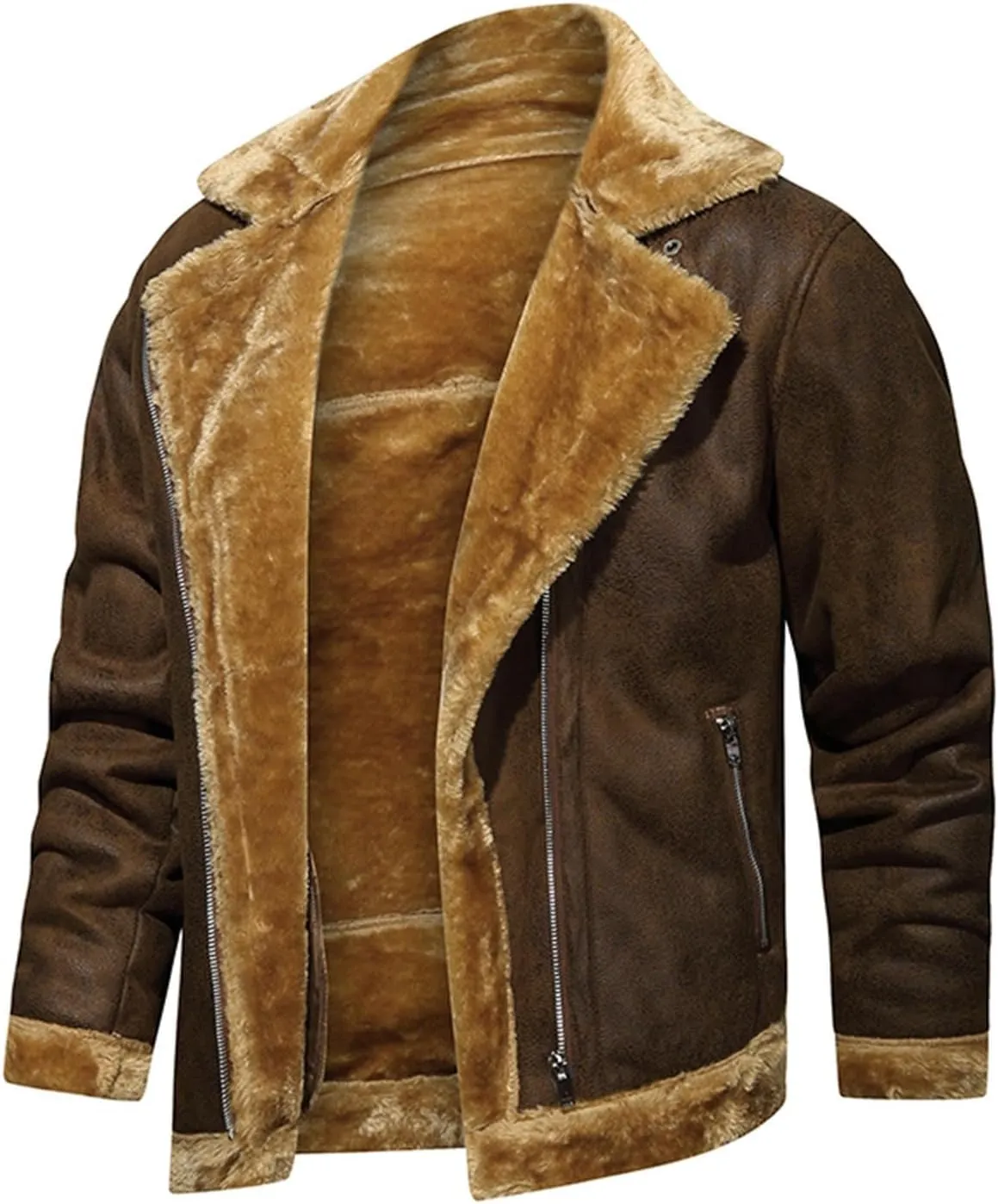 Men's Faux Leather Sherpa Bomber Jacket Lapel Fleece Lined Faux Leather Motorcycle Jackets Casual Warm Winter Coat