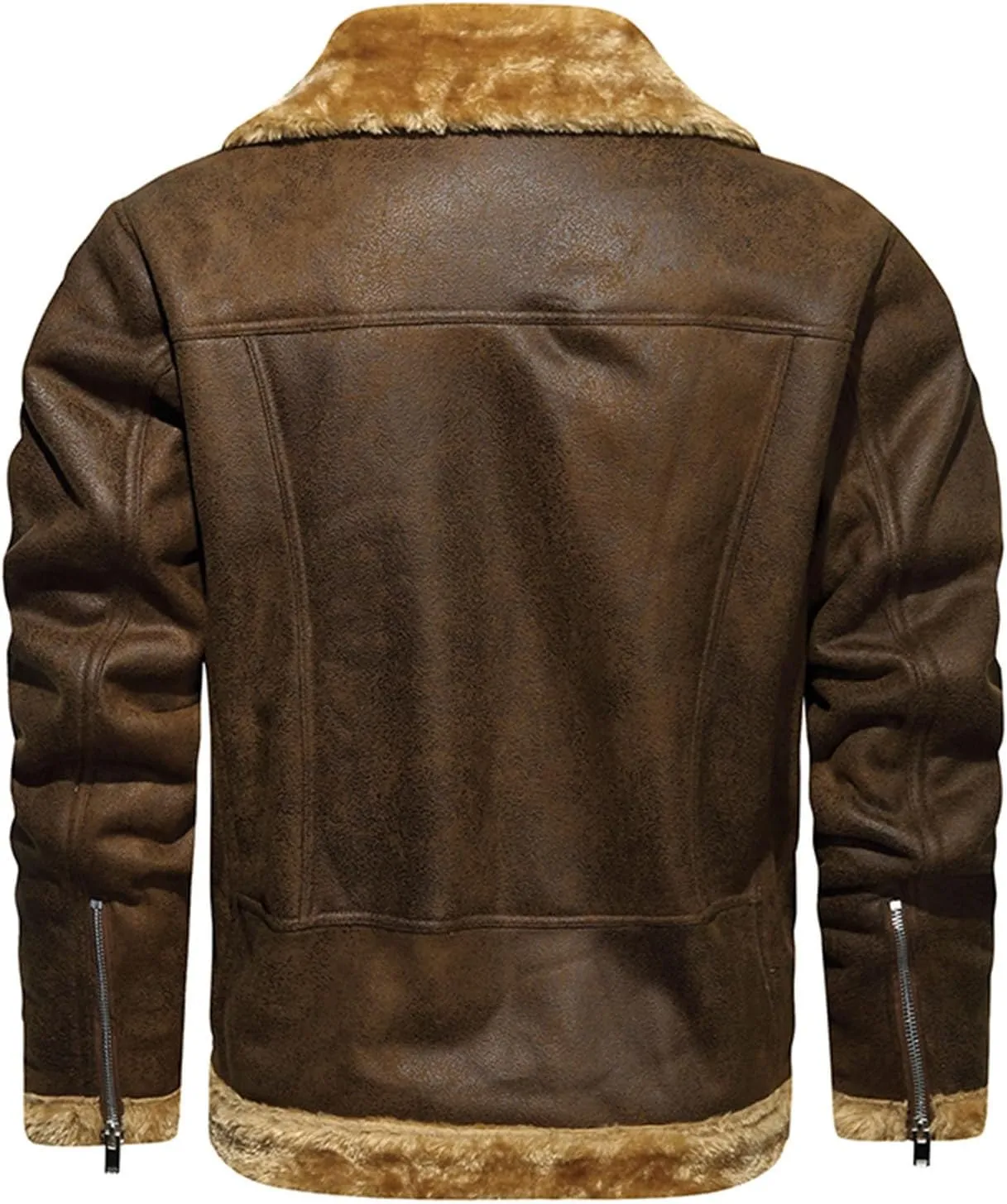 Men's Faux Leather Sherpa Bomber Jacket Lapel Fleece Lined Faux Leather Motorcycle Jackets Casual Warm Winter Coat