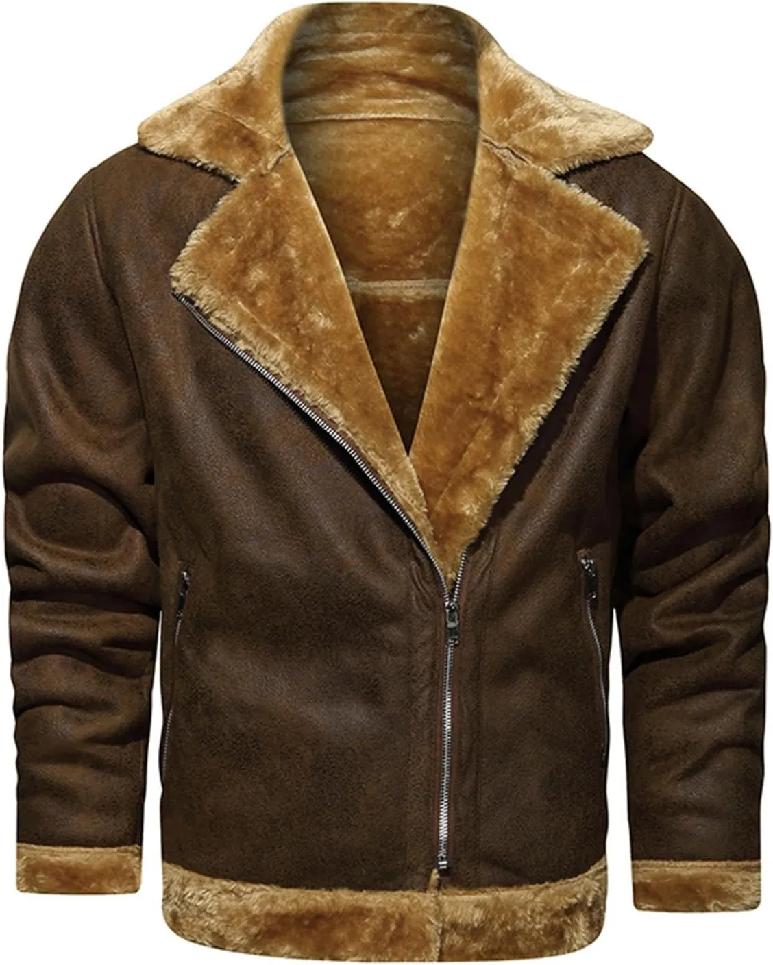 Men's Faux Leather Sherpa Bomber Jacket Lapel Fleece Lined Faux Leather Motorcycle Jackets Casual Warm Winter Coat