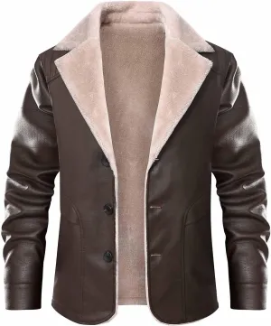 Men's Faux Leather Trucker Jackets Winter Sherpa Lined Bomber Jacket Lapel Collar Warm Causal Thick Motorcycle Coat