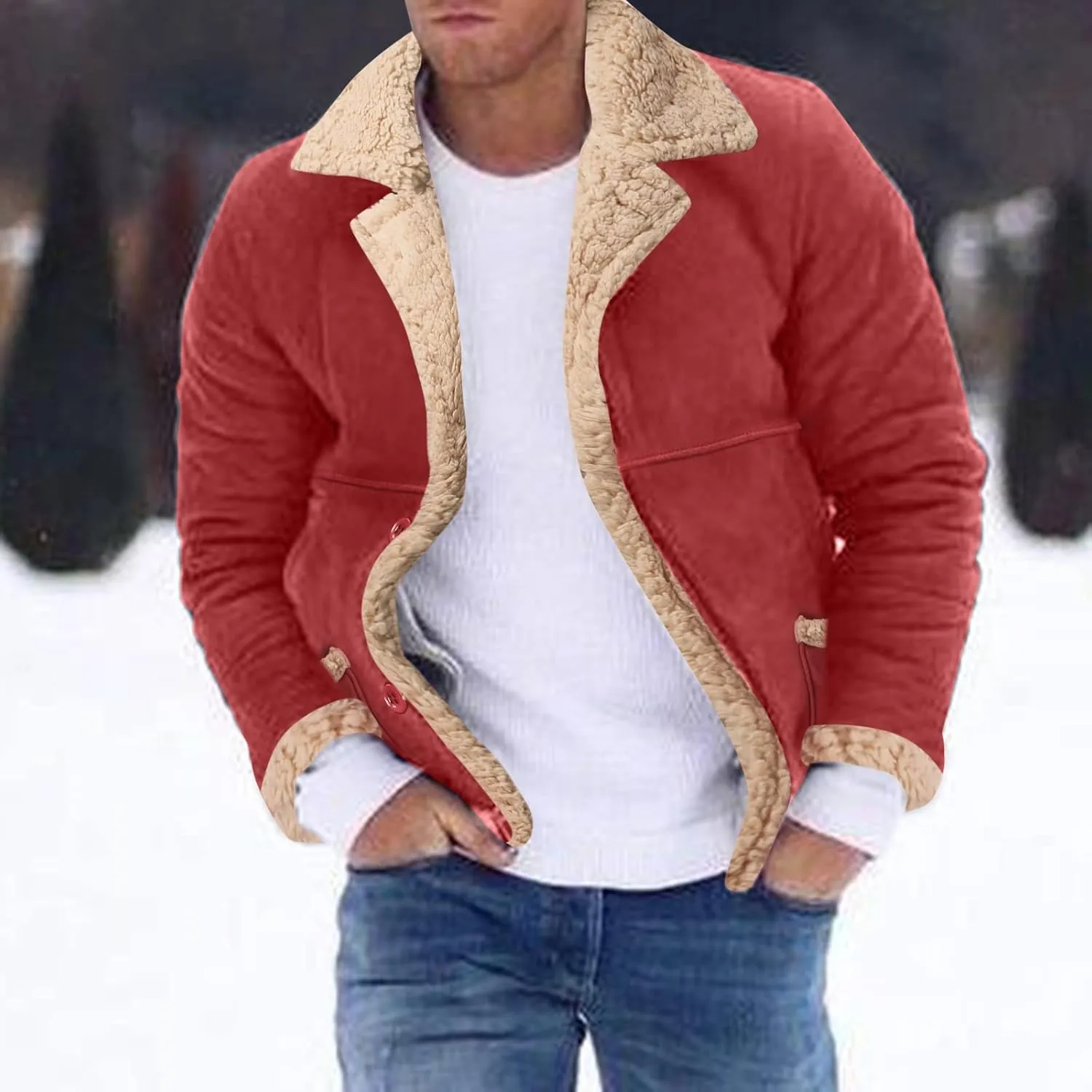 Mens Faux Shearling Jacket Suede Leather Crop Trench Coat Winter Sheepskin PU Leather Sherpa Lined Bomber Jacket