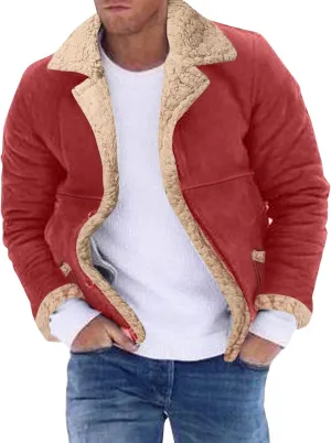 Mens Faux Shearling Jacket Suede Leather Crop Trench Coat Winter Sheepskin PU Leather Sherpa Lined Bomber Jacket