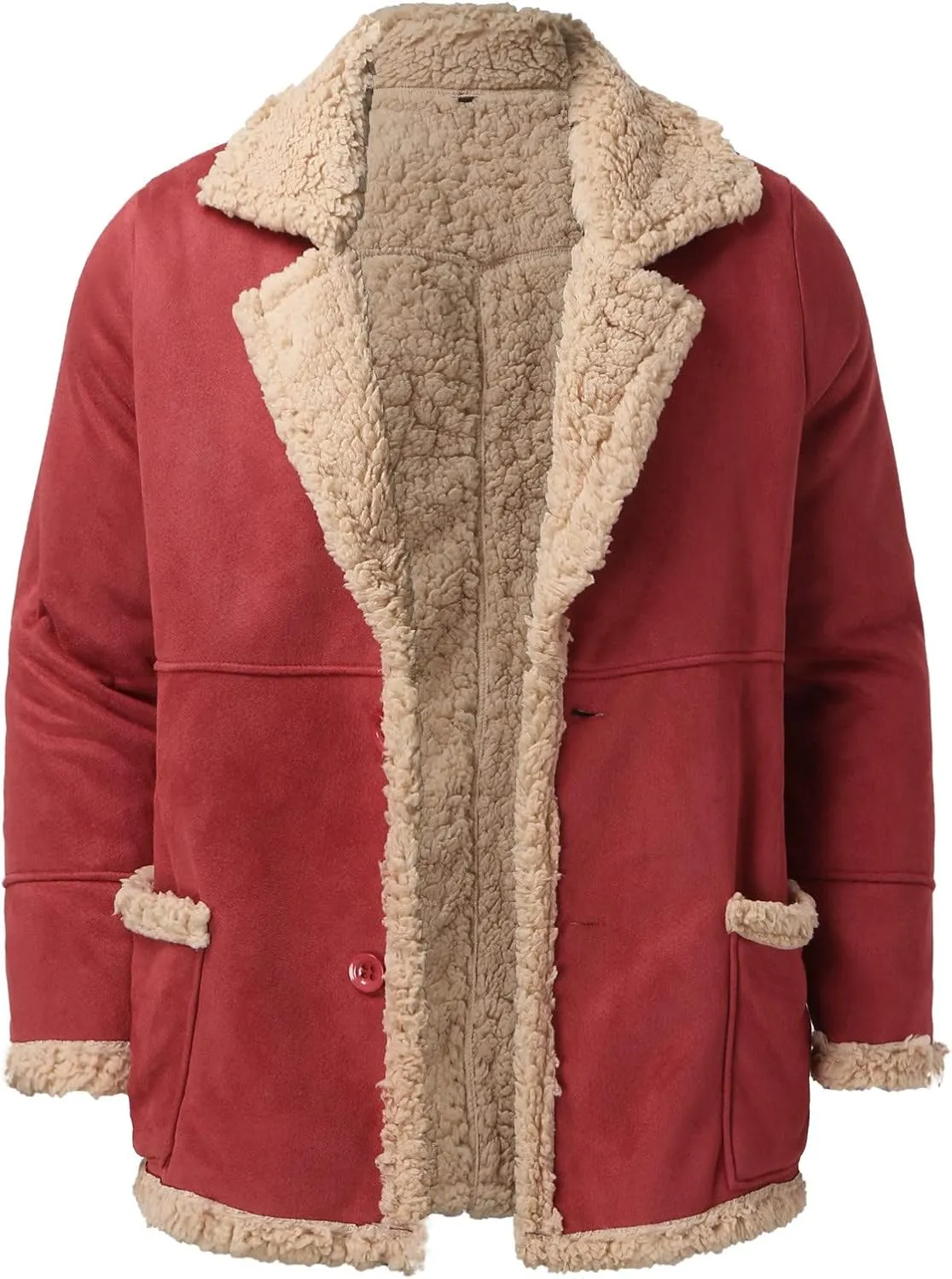 Mens Faux Shearling Jacket Suede Leather Crop Trench Coat Winter Sheepskin PU Leather Sherpa Lined Bomber Jacket