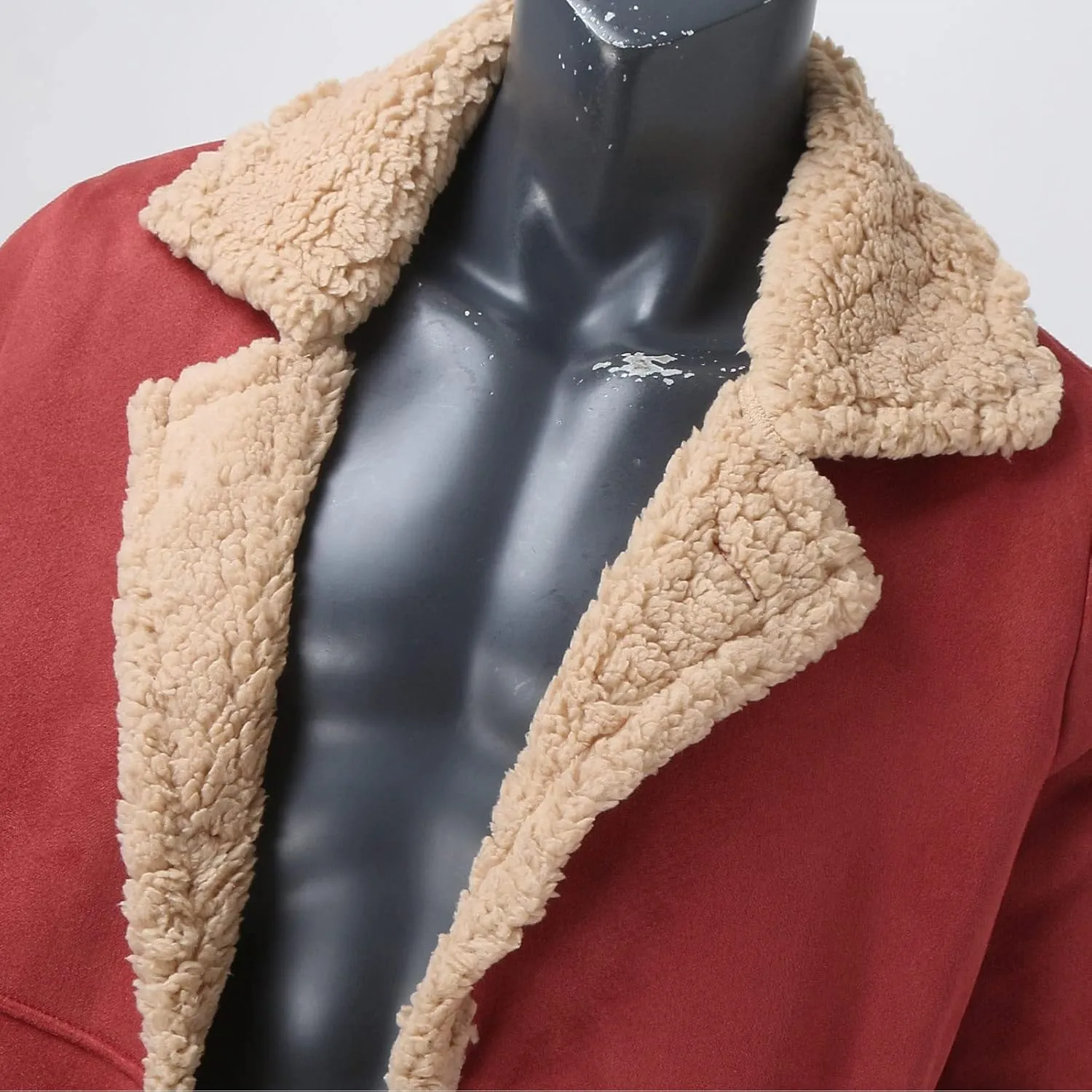 Mens Faux Shearling Jacket Suede Leather Crop Trench Coat Winter Sheepskin PU Leather Sherpa Lined Bomber Jacket