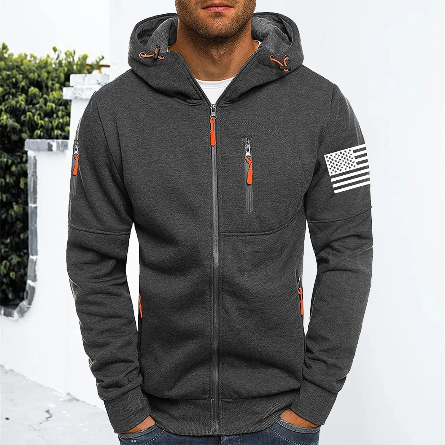 Mens Fleece Hoodies Full Zip Graphic Print Long Sleeve Sweatshirts Sports Casual Hooded Jackets with Zip Pockets
