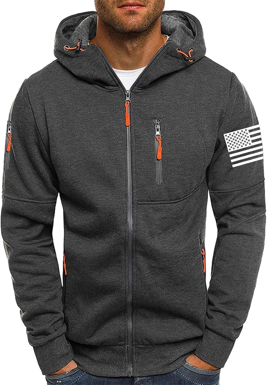 Mens Fleece Hoodies Full Zip Graphic Print Long Sleeve Sweatshirts Sports Casual Hooded Jackets with Zip Pockets