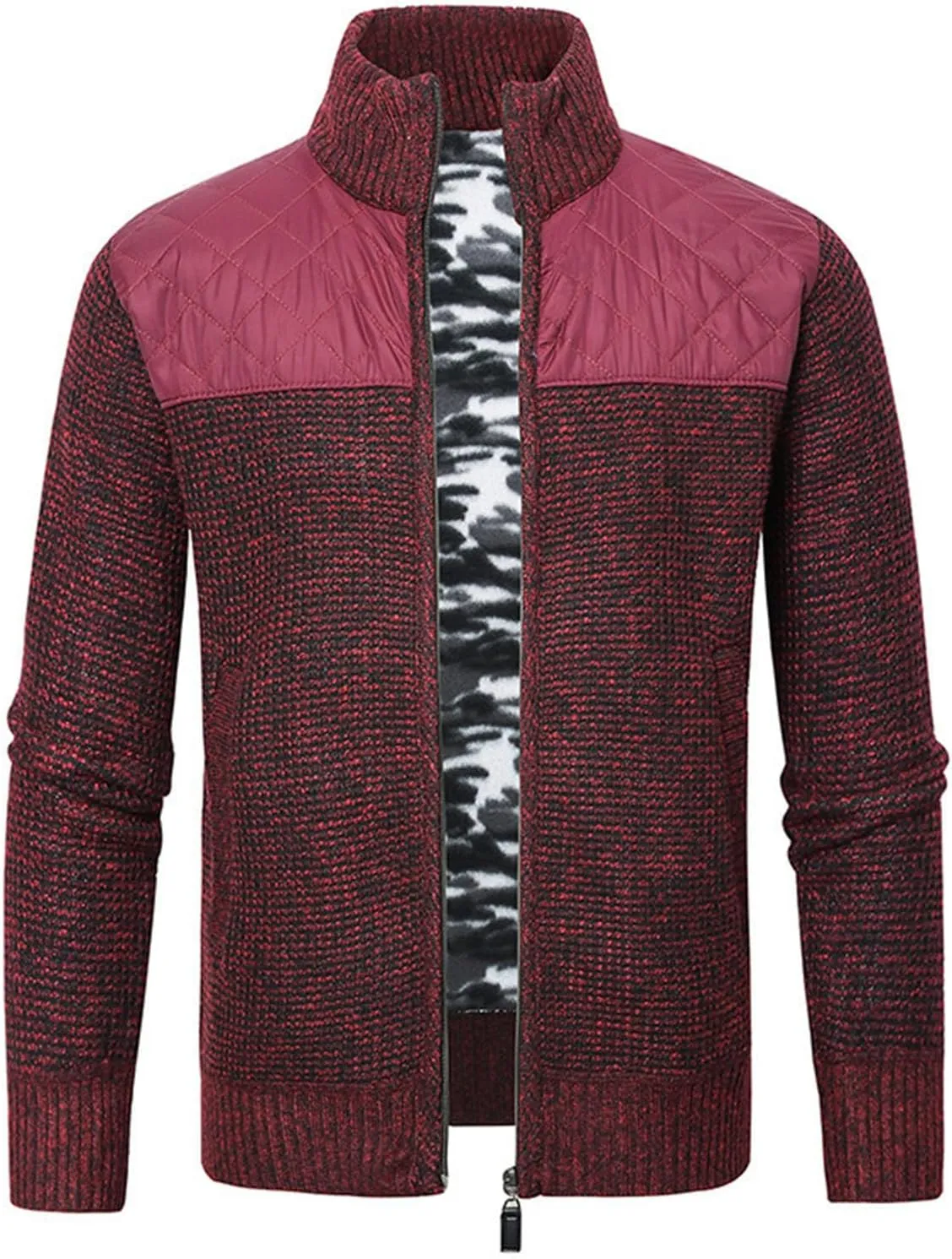 Men's Full Zip Cardigan Sweater Slim Fit Cable Knitted Zip Up Sweater Casual Patchwork Cardigan Sweater with Pockets