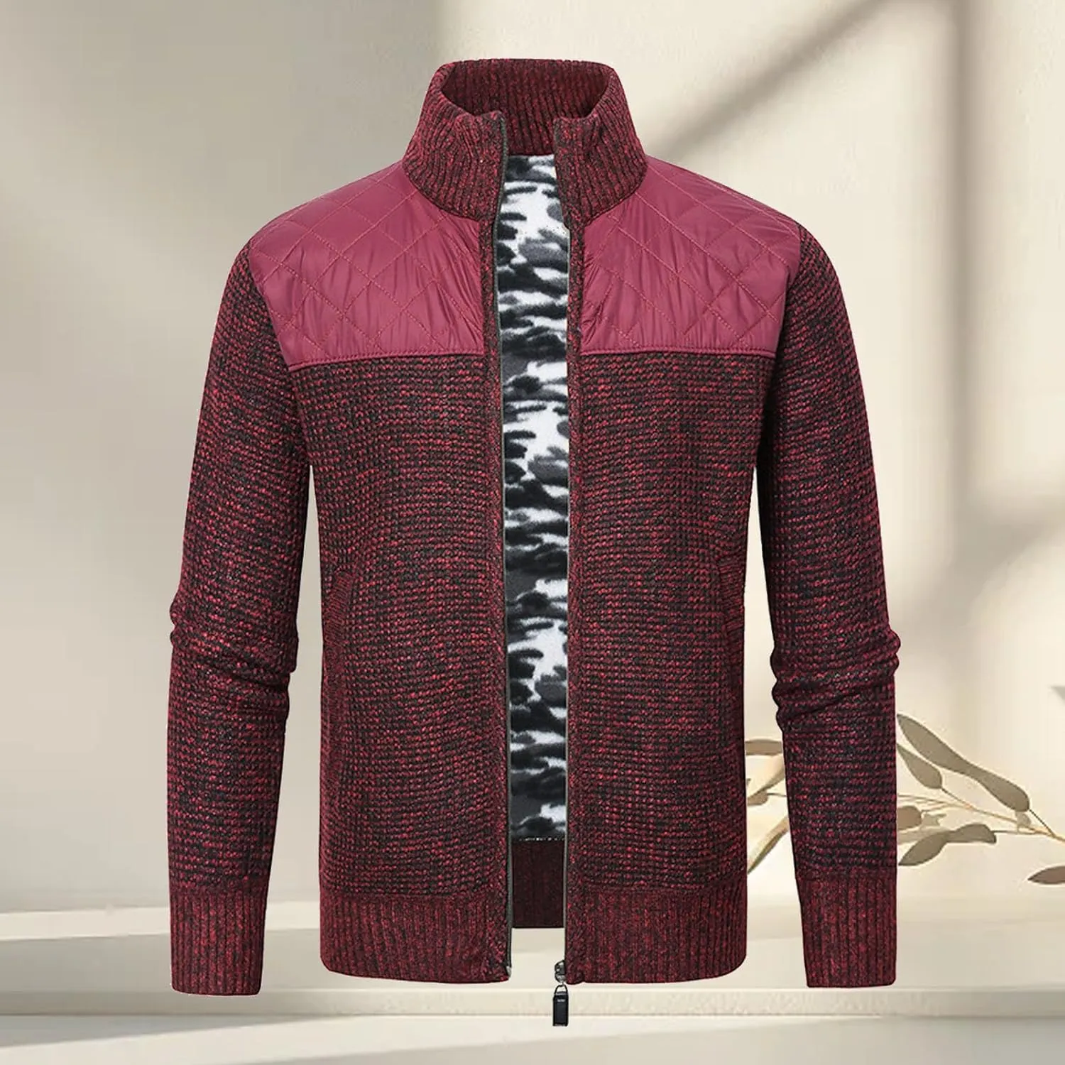 Men's Full Zip Cardigan Sweater Slim Fit Cable Knitted Zip Up Sweater Casual Patchwork Cardigan Sweater with Pockets
