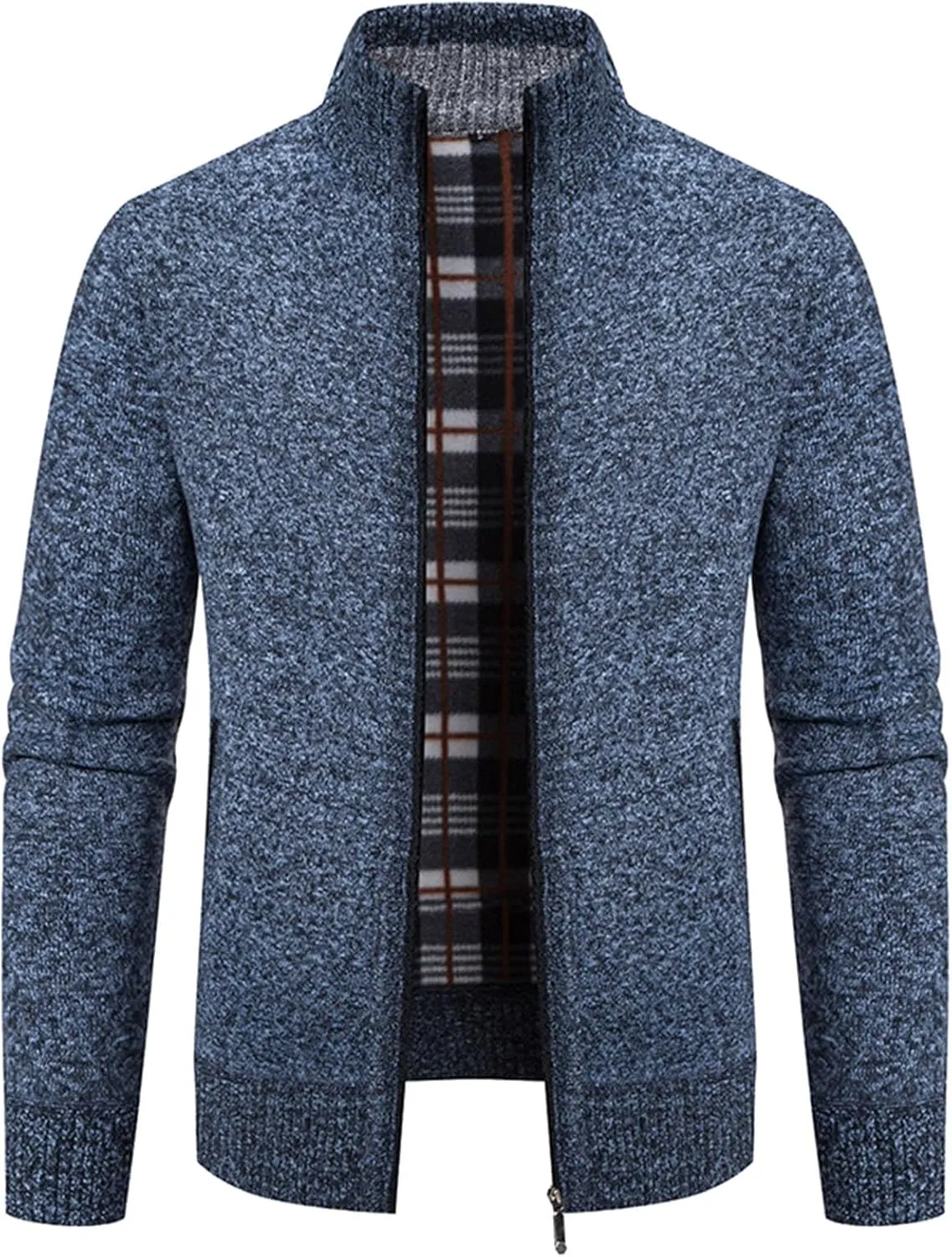 Mens Full Zipper Cardigan Sweater Stand Collar Thick Weave Pullover Thermal Knitted Tops Long Sleeve with Pockets