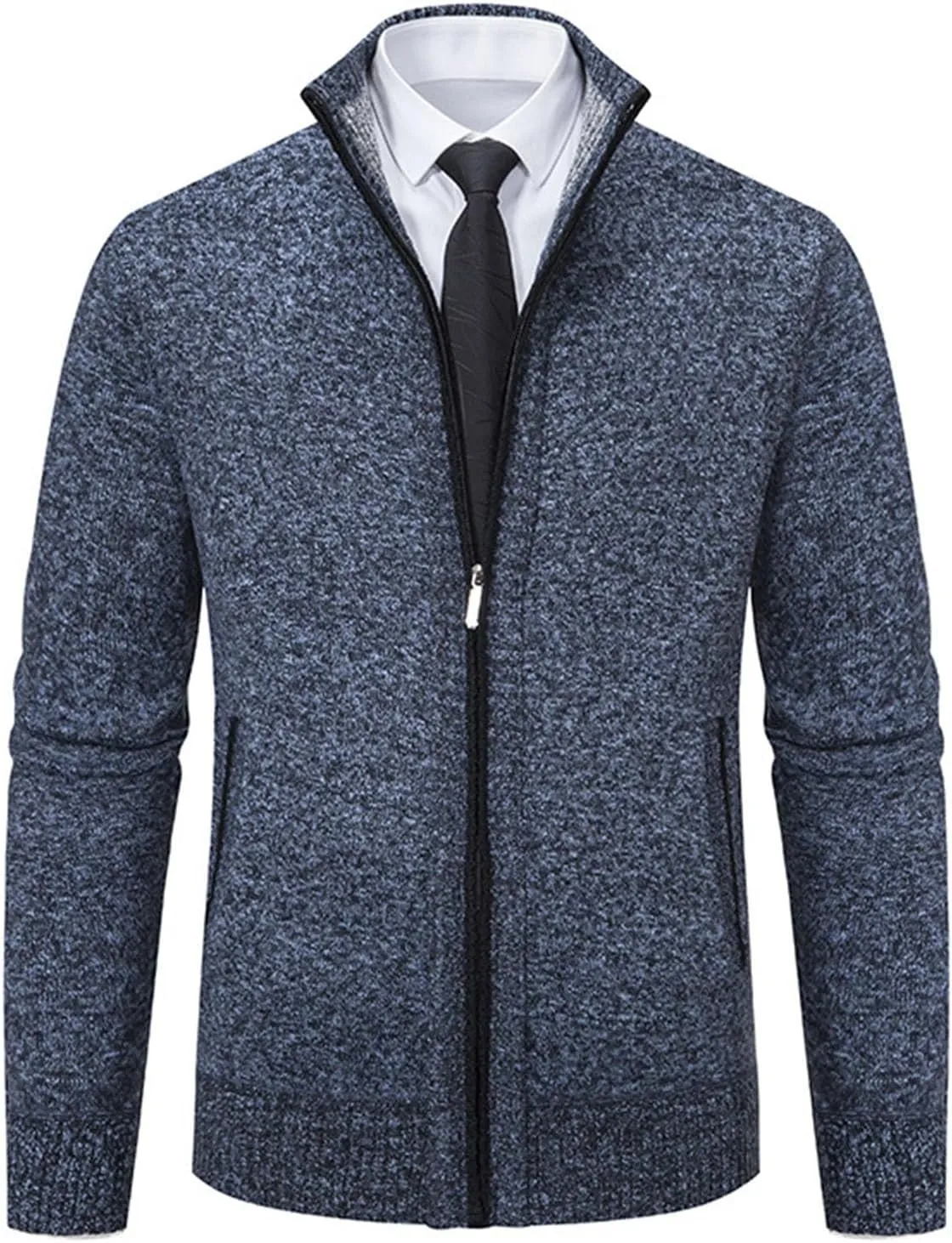 Mens Full Zipper Cardigan Sweater Stand Collar Thick Weave Pullover Thermal Knitted Tops Long Sleeve with Pockets
