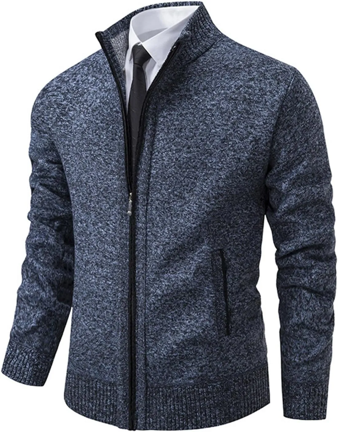 Mens Full Zipper Cardigan Sweater Stand Collar Thick Weave Pullover Thermal Knitted Tops Long Sleeve with Pockets