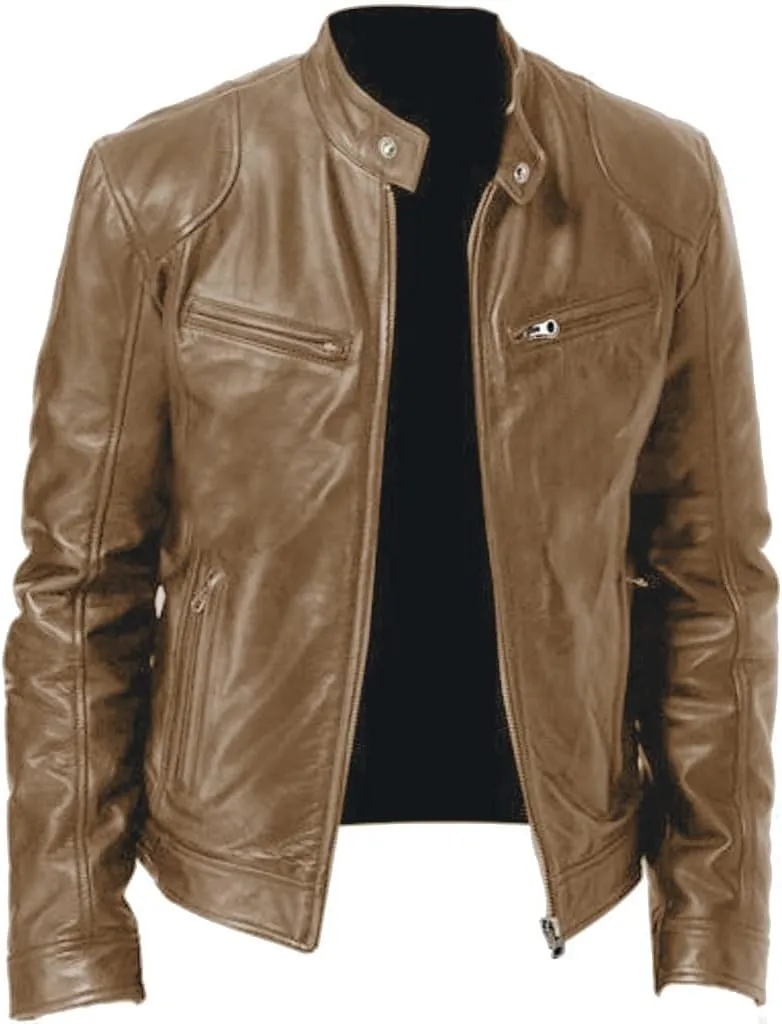 Mens Leather Jacket Stylish Zip Up Stand Collar Fall Jacket Faux Leather Motocycle Coats Big And Tall Casual Outwear