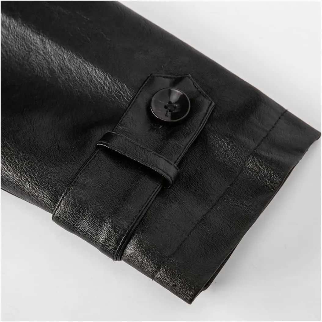 Men's Long Leather Jackets Hooded Bomber Trench Fashion Slim Thin PU Leather Overcoat